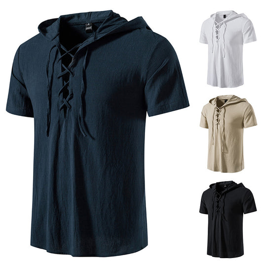 Men's Short Sleeved String tie up Shirt Cotton