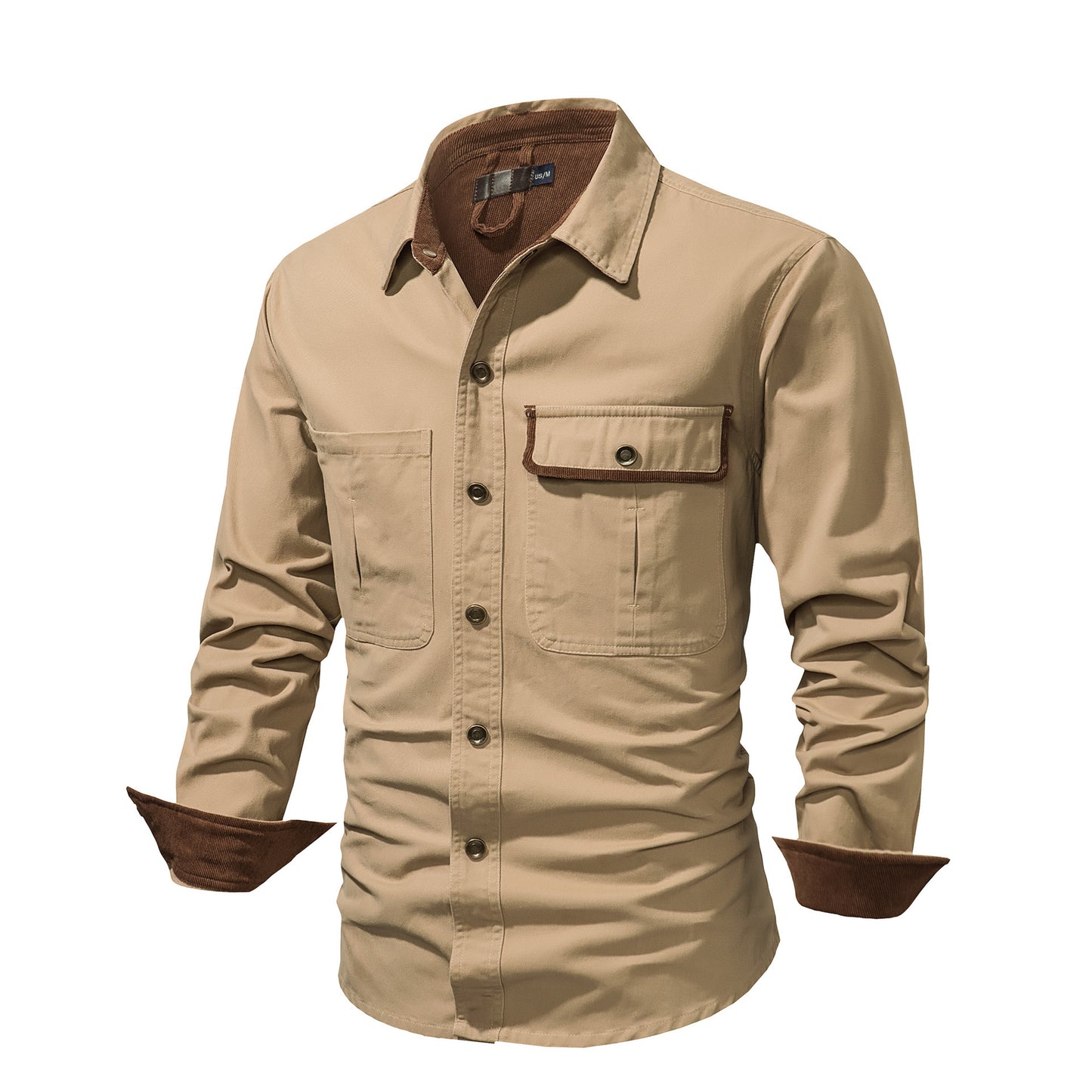 Men's Workwear Washed Cotton Shirt Solid Color Lapel Long Sleeve