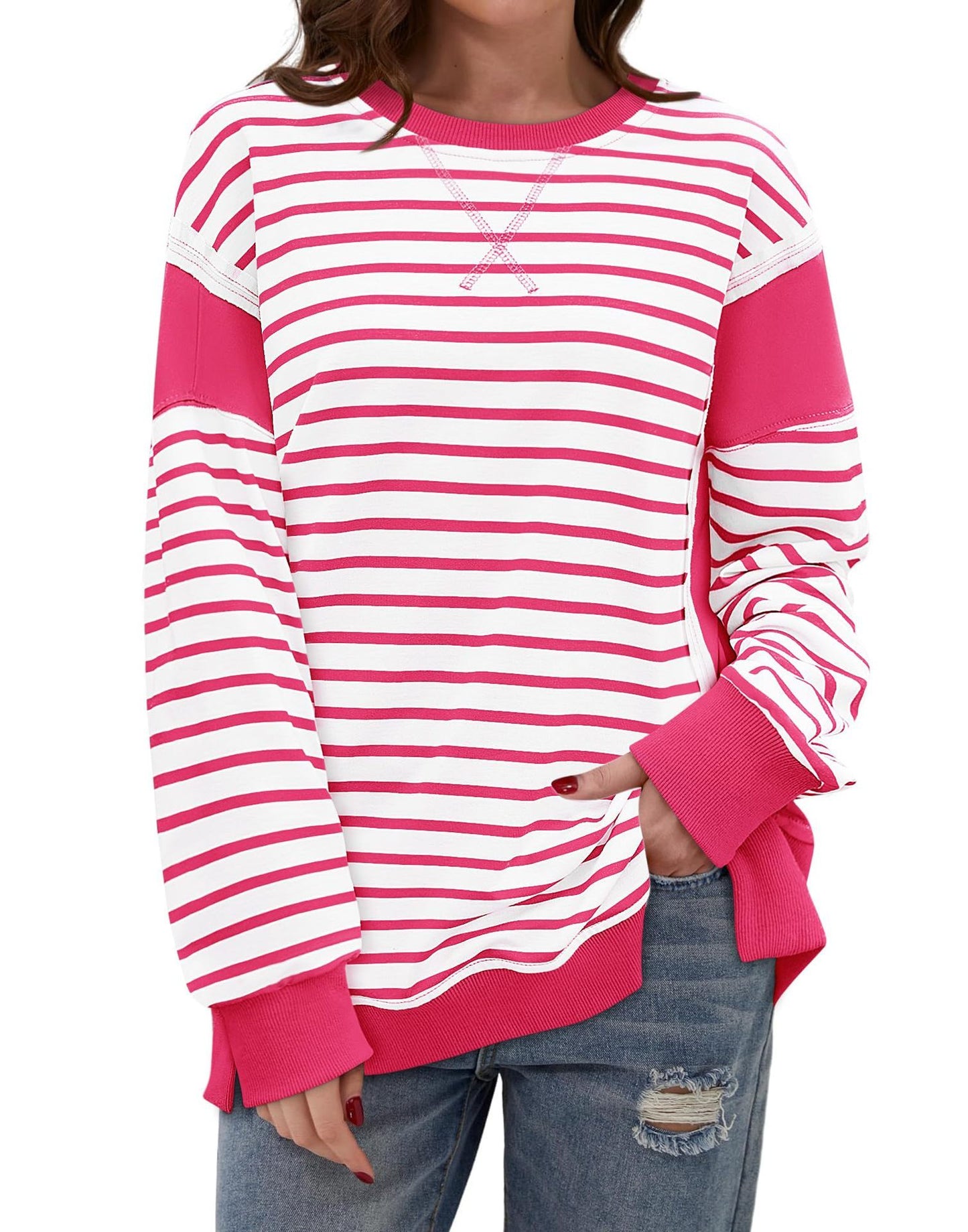 Color Matching Sweatshirt Striped Color Contrast Long Sleeve T-shirt