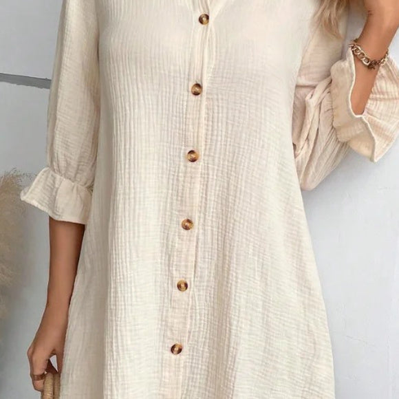 Women's Solid Color Cotton And Linen Breasted Loose Shirt Dress