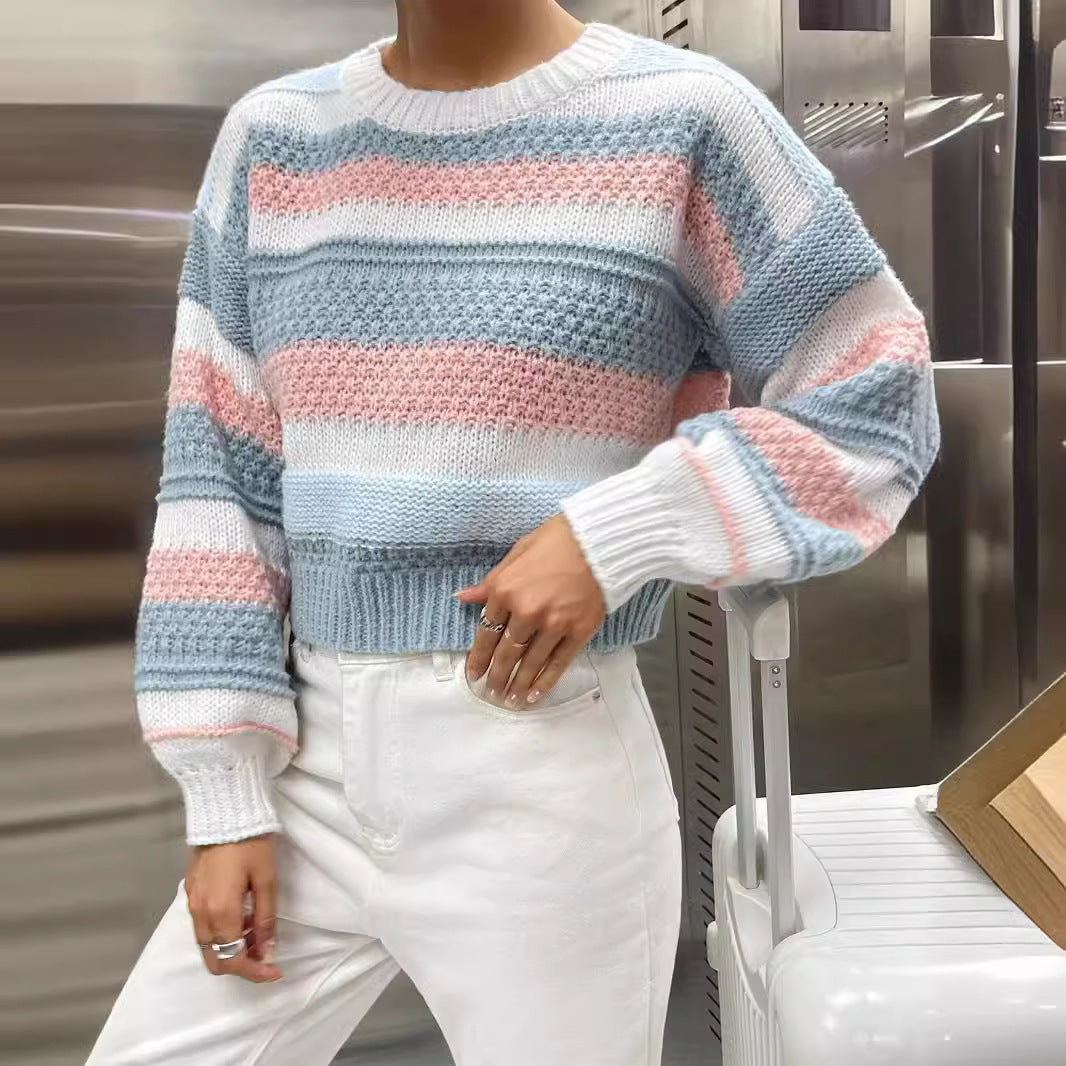 Spring And Autumn New Contrast Color Women's Striped Elegant Fashion Women's Knitted Pullover