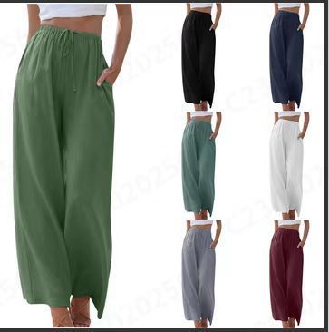 Spring And Summer Cotton And Linen Drawstring Casual Women's Wide-leg Trousers