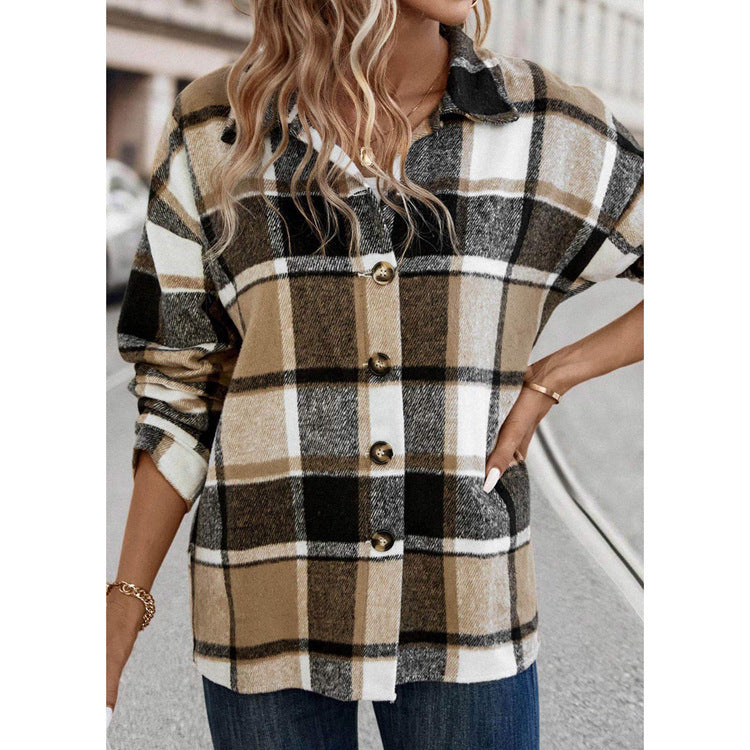 Woolen Loose Plaid Shirt Button Long Sleeve Coat