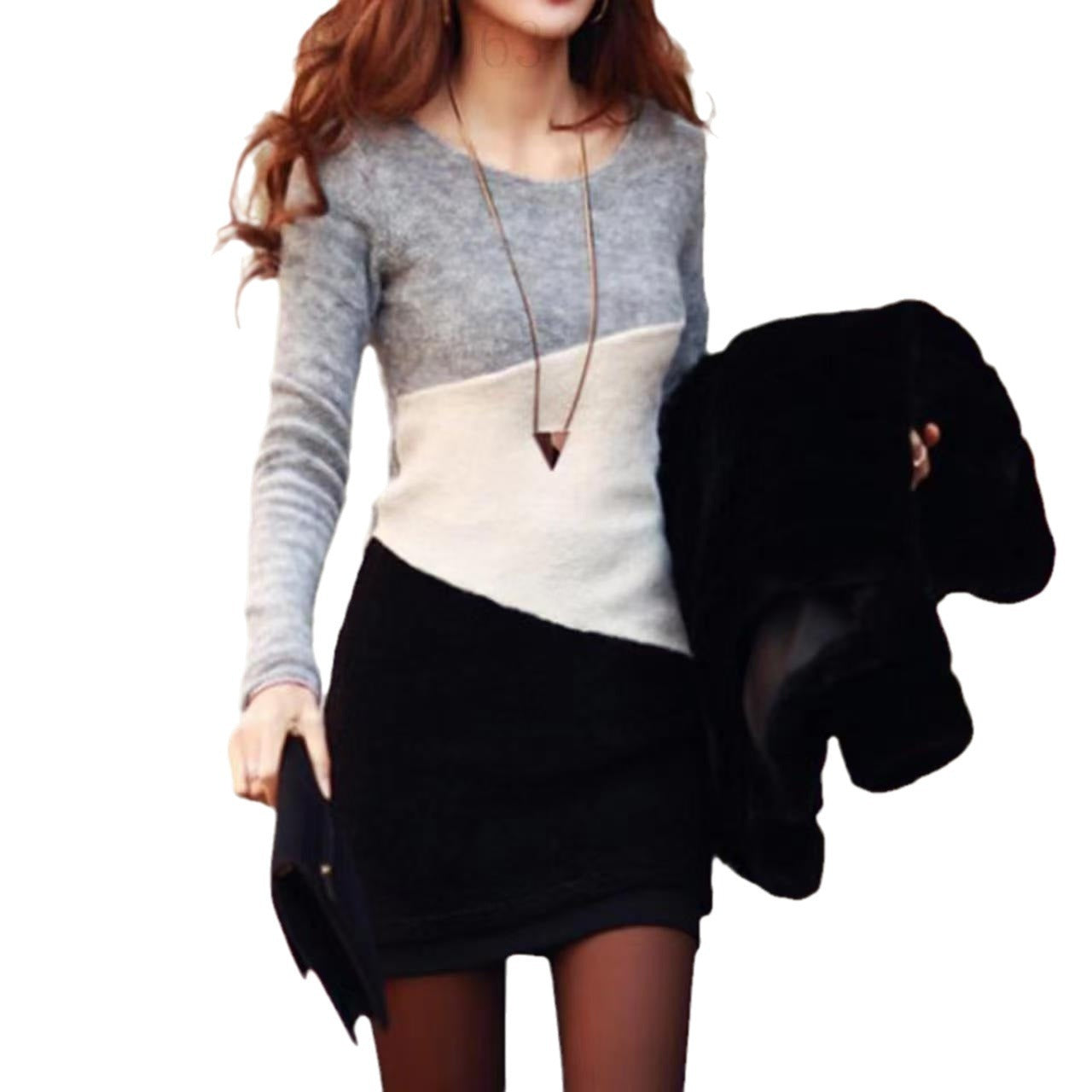 Contrast Color Slim Fit Slimming Long-sleeve Round-collar Dress