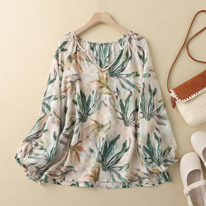 Casual All-match Lantern Sleeve V-neck Printed Sweet Style Blouse