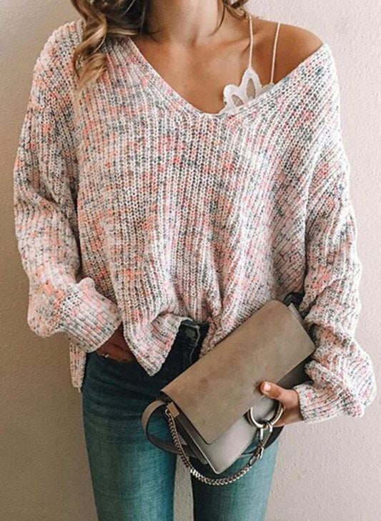 Fashion Knit Sweater Top Solid Color Casual V-Neck Sweater Women