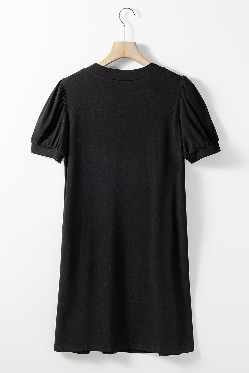 Black Notched Neck Pleated Puff Sleeve Shift T-shirt Dress