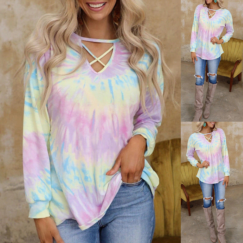 Fashionable Tie-Dye Printed Long-Sleeved Loose Casual Top