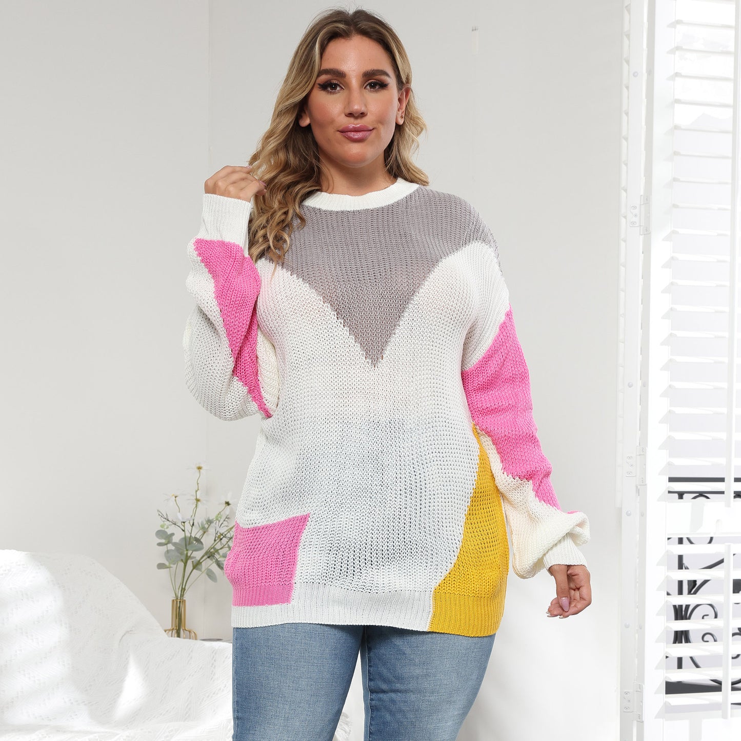 Women's Plus Size Contrast Stitching Pullover Sweater