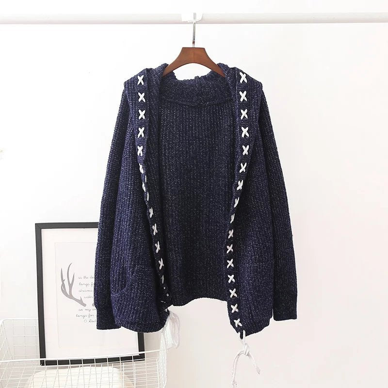 Women Hooded Tops Knitting Cardigan Sweater Coat Women Loose Sweater