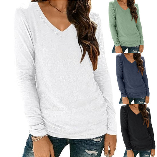 Women's V-neck Long Sleeve Loose T-shirt Shirt