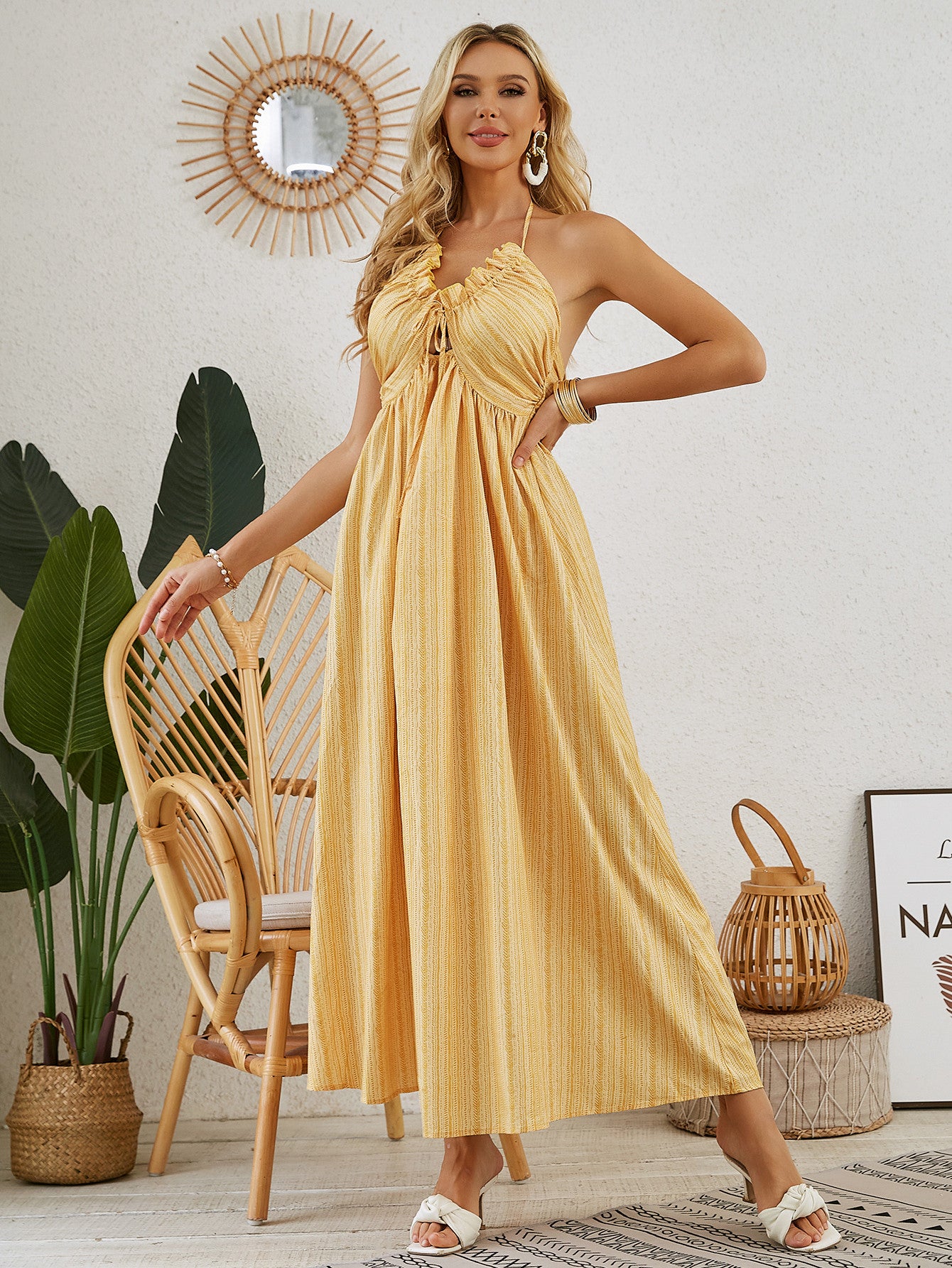 Bohemian Halter Maxi Dress - Women's Summer Sleeveless Flowy Beach Dress