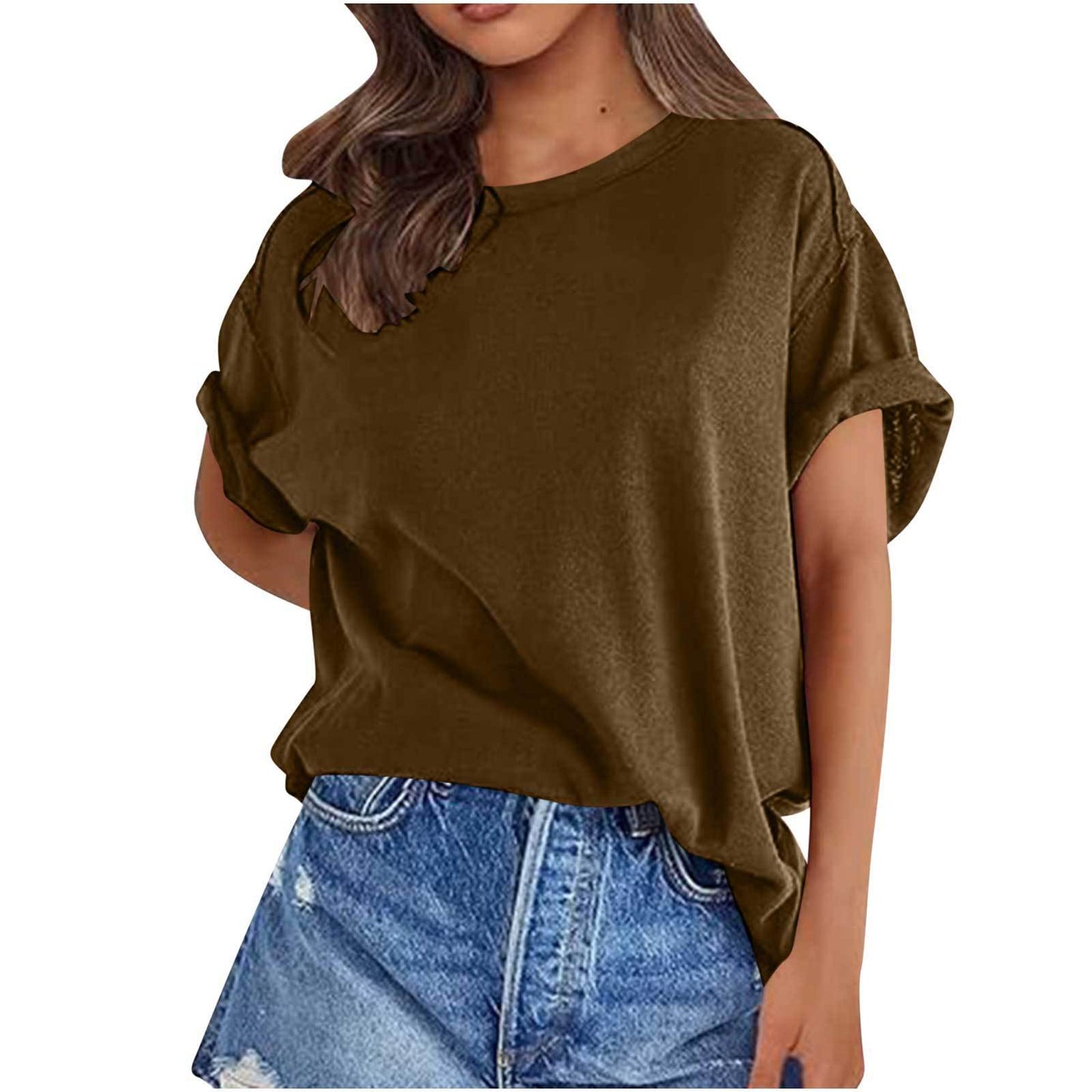 Solid Color Short Sleeve Round Neck Pullover Top