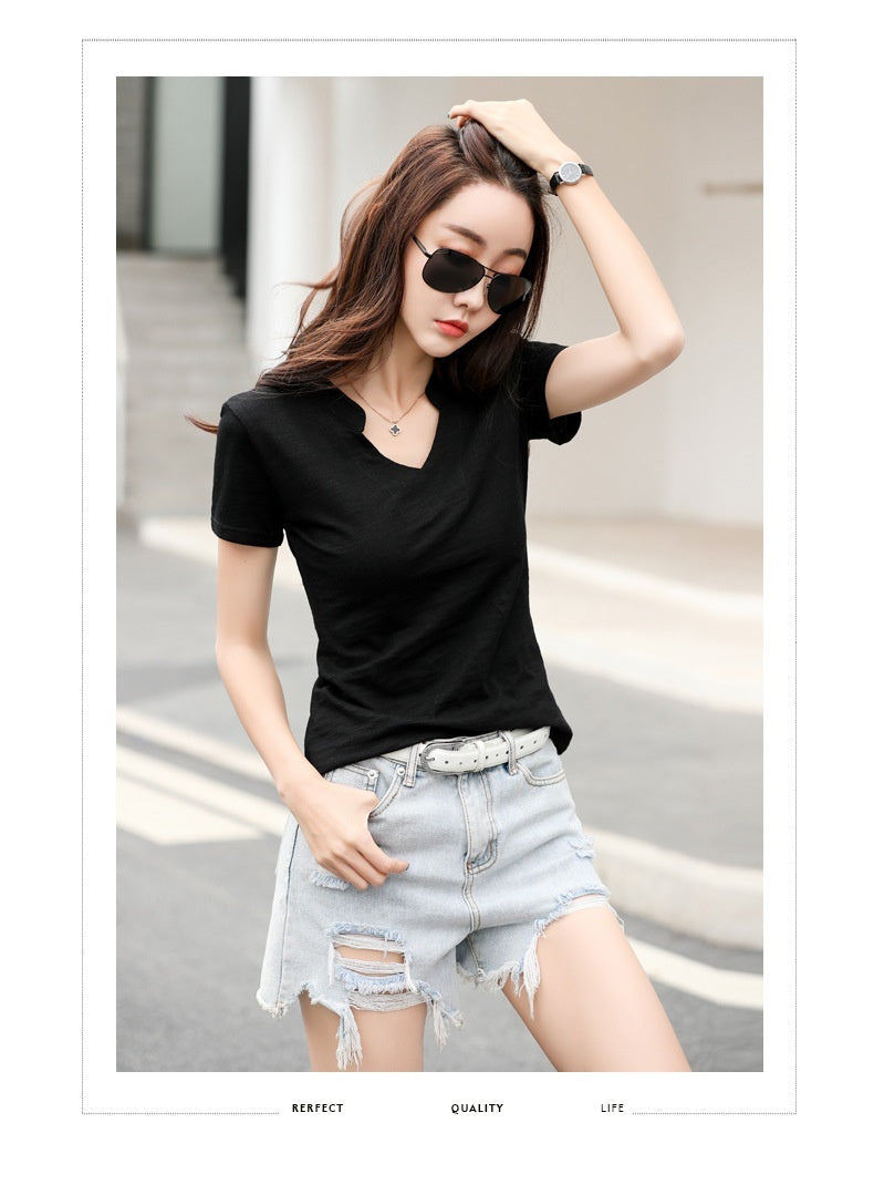 Summer Loose Short-sleeved Women's T-shirt Slub Cotton V-neck Casual