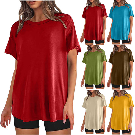 Solid Color Short Sleeve Round Neck Pullover Top