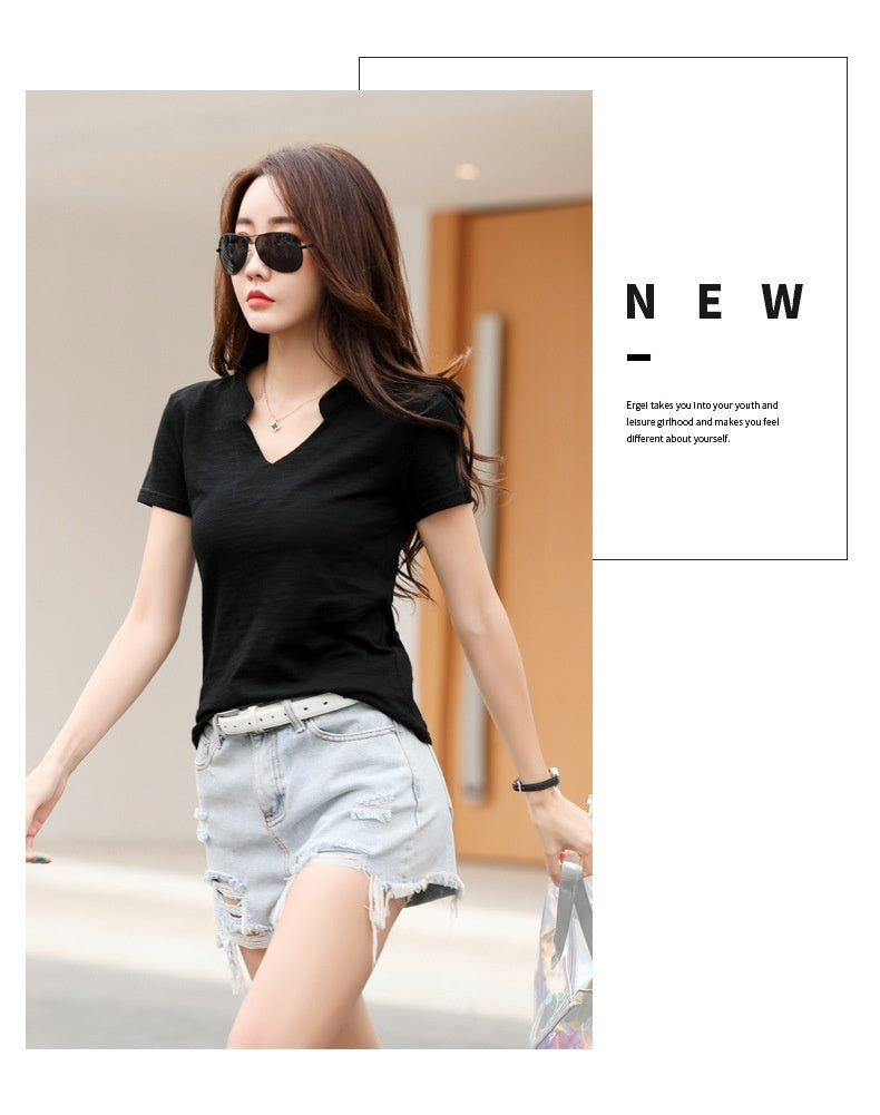 Summer Loose Short-sleeved Women's T-shirt Slub Cotton V-neck Casual