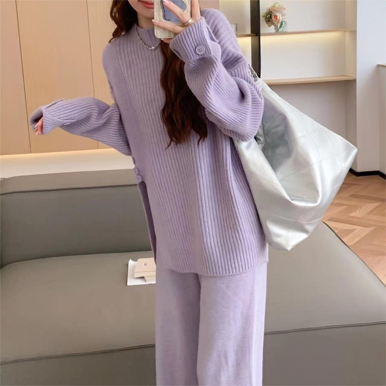 Casual Sports Style Suit Design Sense Slit Knitted Sweater Wide Leg Pants Two-piece Set