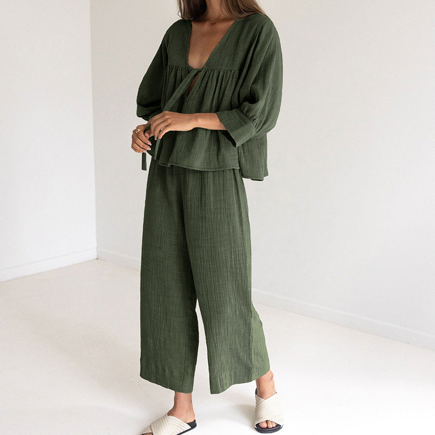 Women's Fashion Long Sleeve Double-layer Crepe Pajamas Trousers Loose Outfit