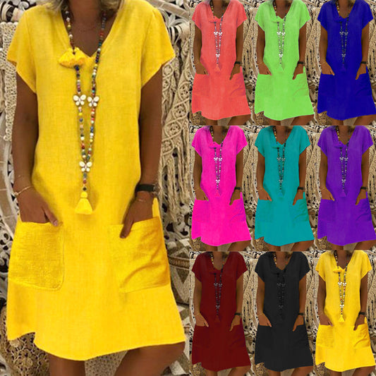 Short-sleeved Midiskirt Summer V-neck Pocket Loose Dress