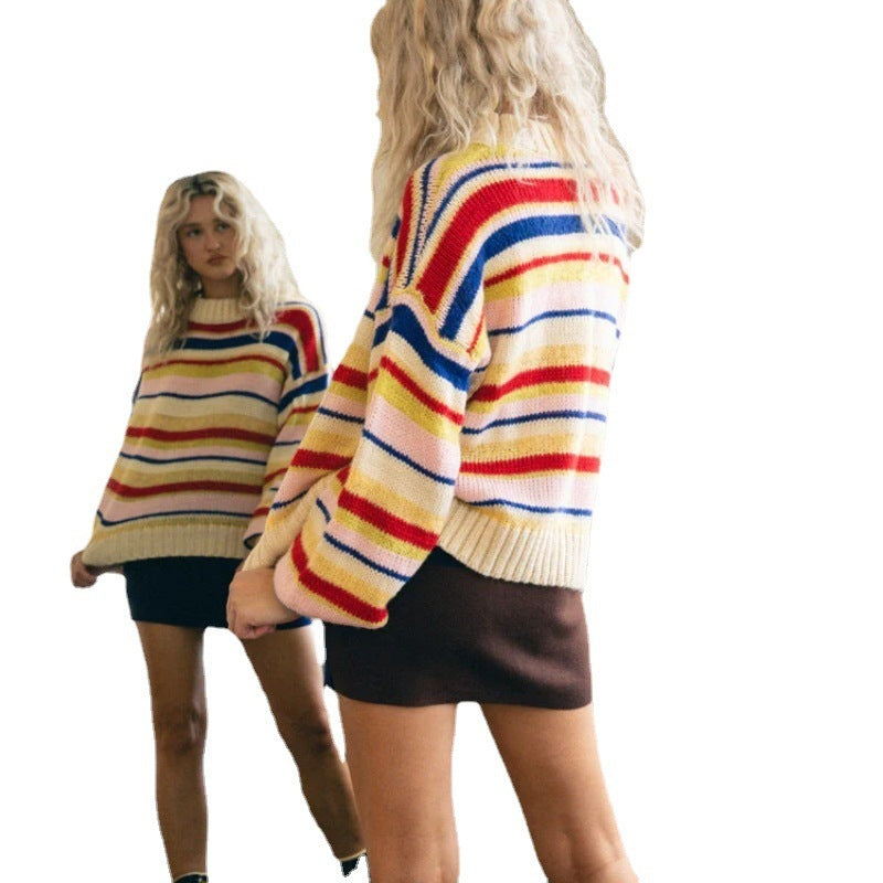 Women's Stand Collar Contrast Color Striped Pullover Sweater