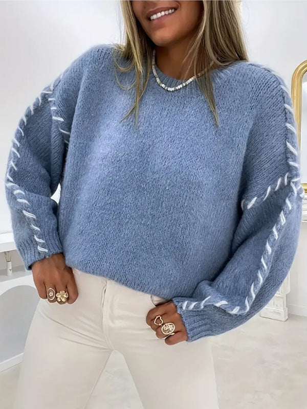 Spring And Autumn Fashion Solid Color Round Neck Long Sleeve Loose Knitted Sweater