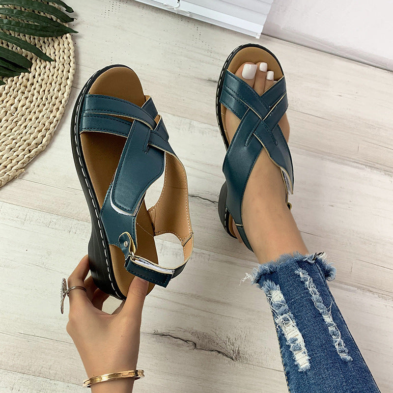 Ethnic Style Flower Frint Sandals Women Low Heel Velcro Beach Shoes Summer