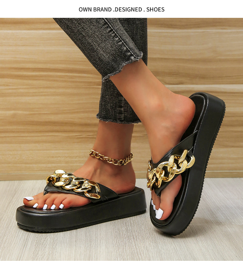 Platform Flip-Flops Women Style Flat Casual Chain Shoes