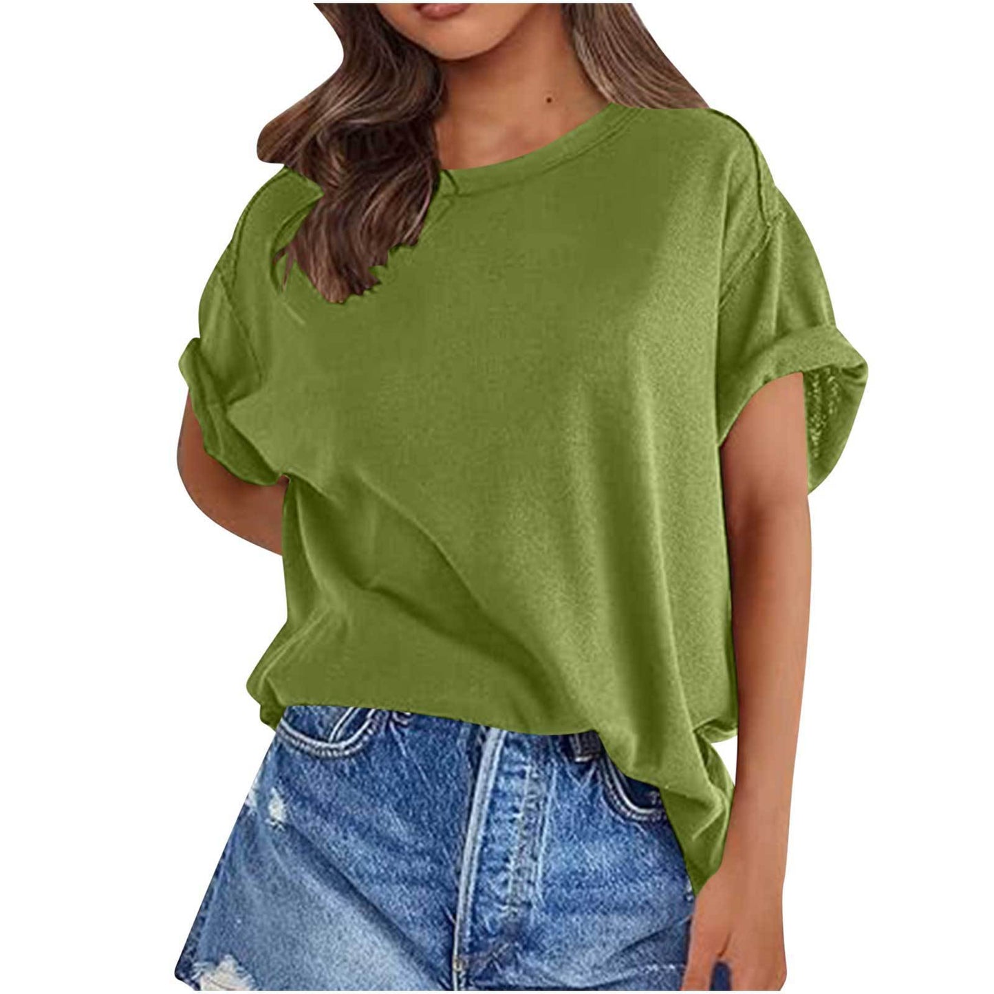 Solid Color Short Sleeve Round Neck Pullover Top