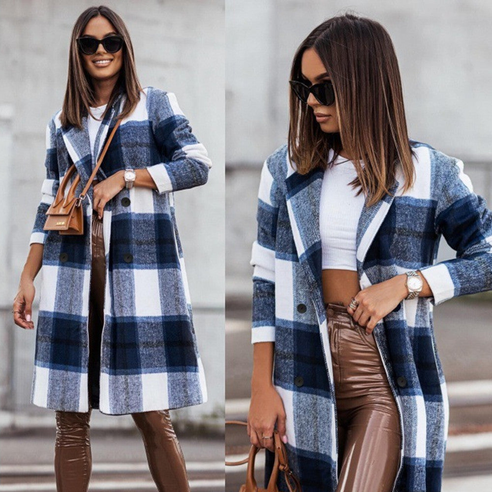 Fashio Women's Mid-length Plaid Print Coat