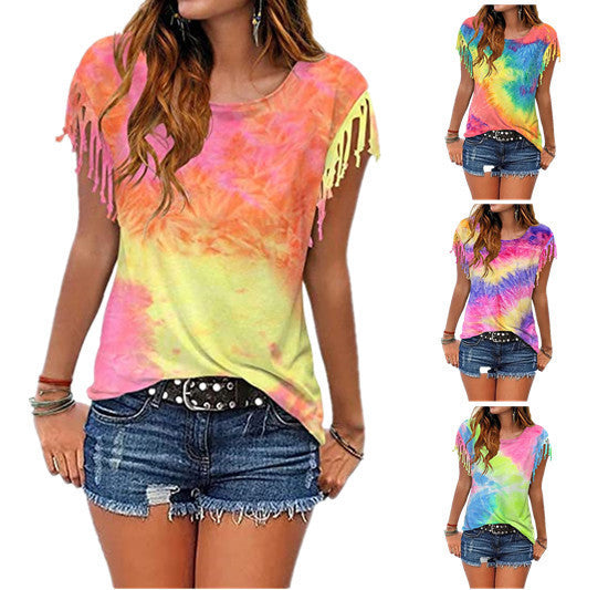 Tie-dye burnt tassel short sleeves