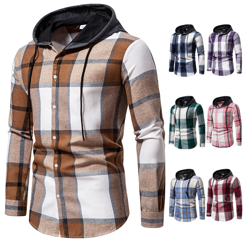 Casual Hooded Men's Plaid Long Sleeve Shirt