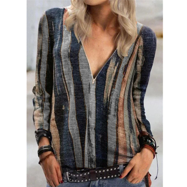 Tie-dye striped printed long-sleeved T-shirt V-neck zipper top women