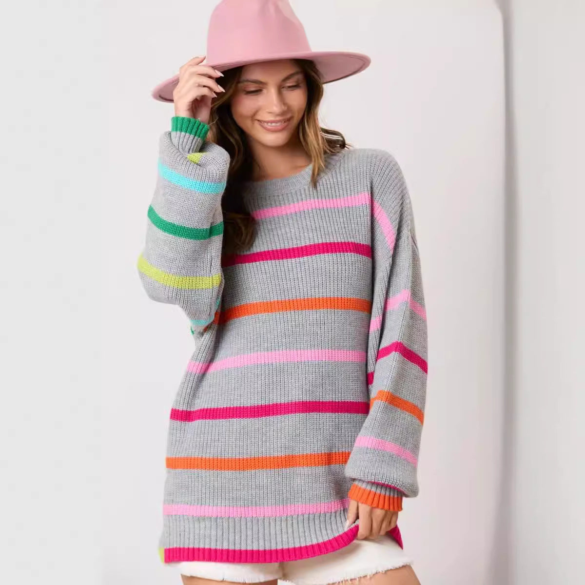 Contrast Color Striped Round Neck Top Long Sleeve Knitted Sweater