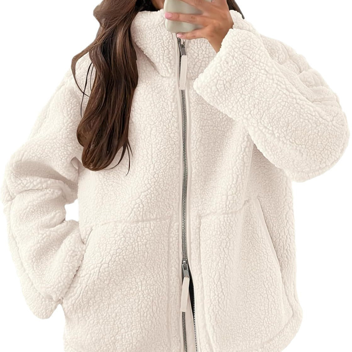 Casual Long Sleeve Oversized Warm Double Zipper Winter Teddy Jacket