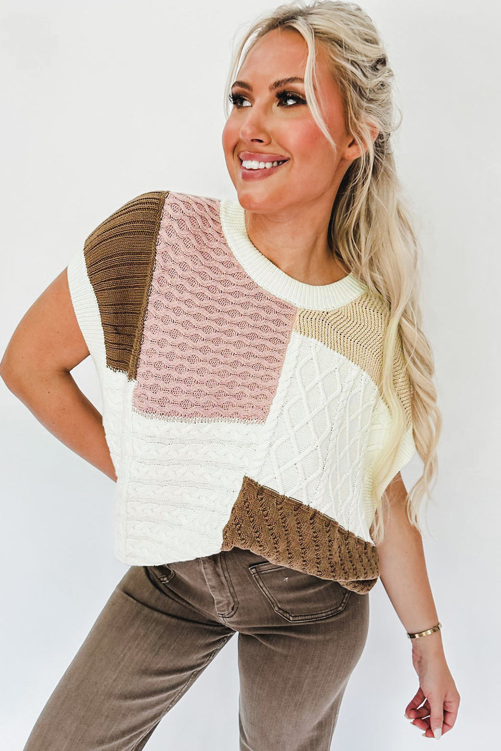 Multicolor Colorblock Mix Textured Sweater Tee