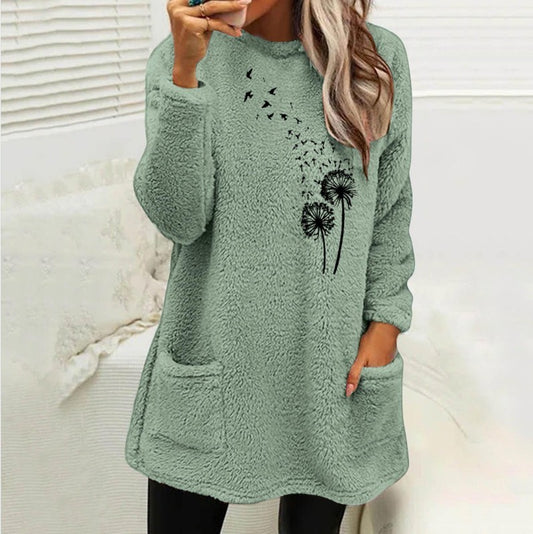 Women's Fashion Round Neck Pullover Long Sleeve Pocket Double-sided Velvet Sweatshirt