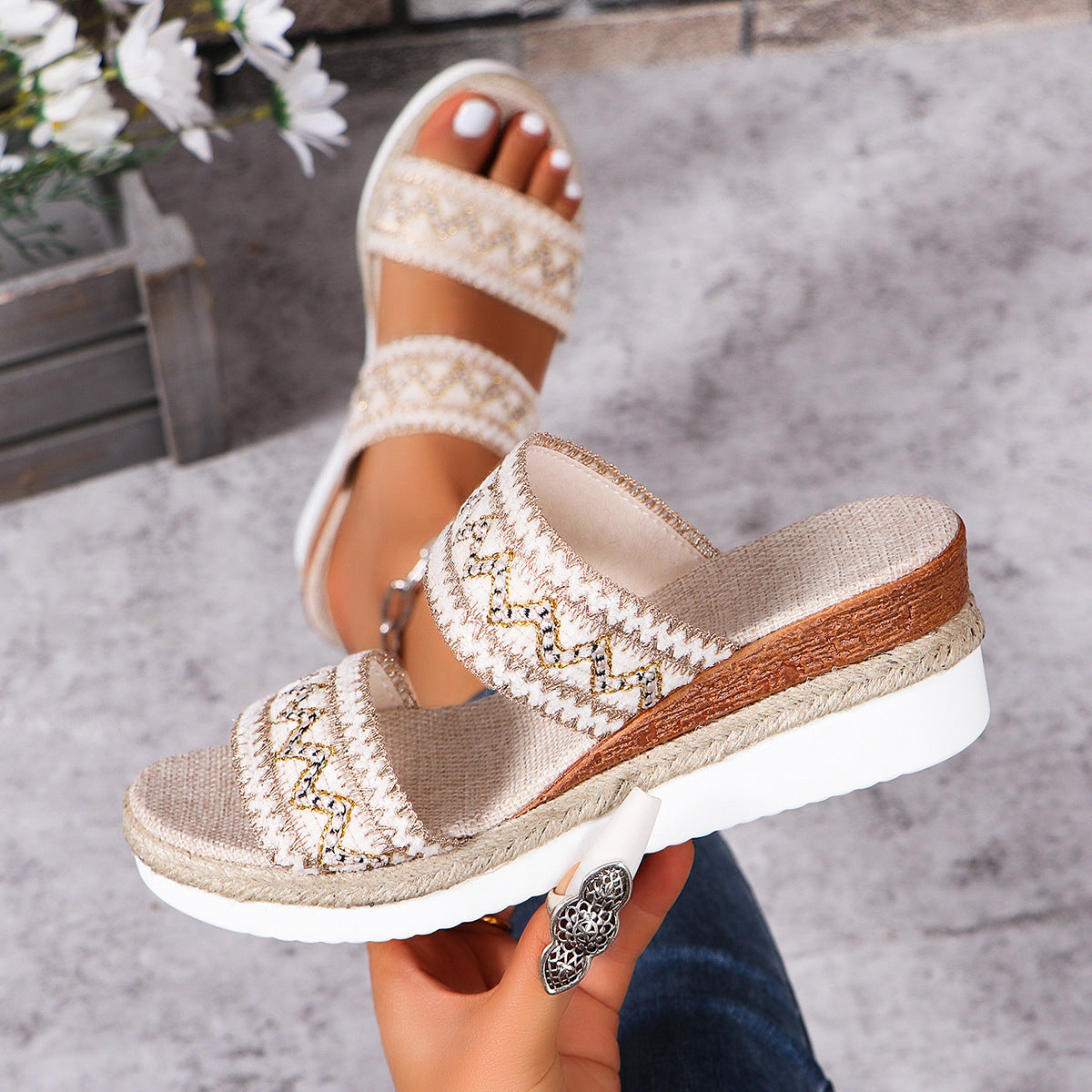 Fashion Wavy Pattern Woven Sandals Summer Casual Ethnic Style Slippers Linen Bottom Wide Strap Wedges Shoes For Women