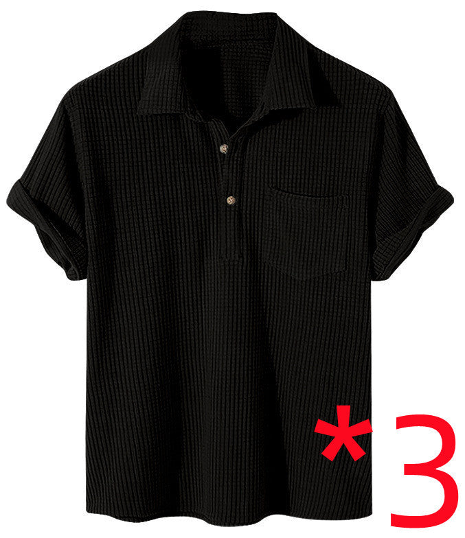 Leisure New Waffle Button Polo Plaid Color Men's T-shirt