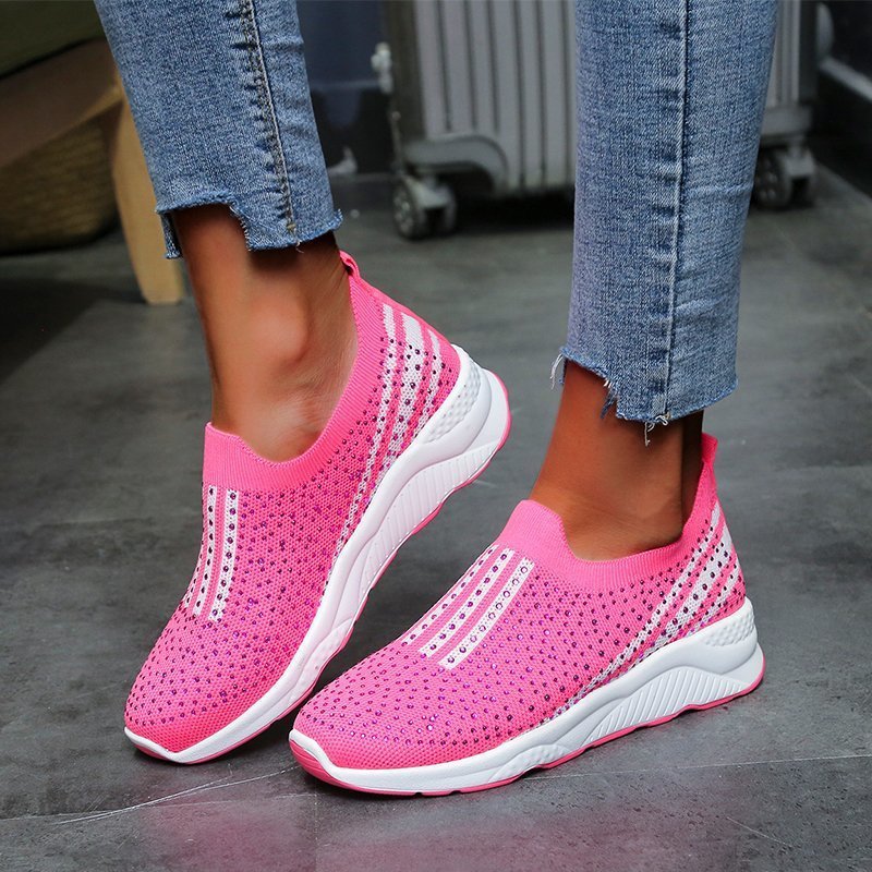 Rhinestone Elastic Foot Knit Casual Shoes Women