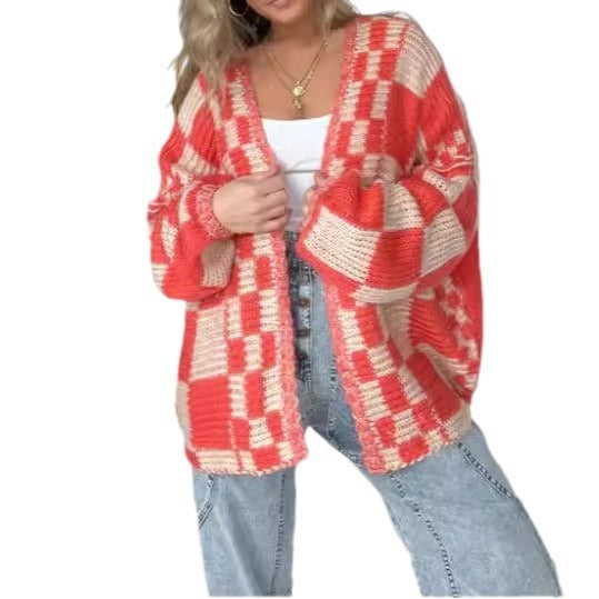 Women's Oversized Drop-shoulder Plaid Cardigan Sweater