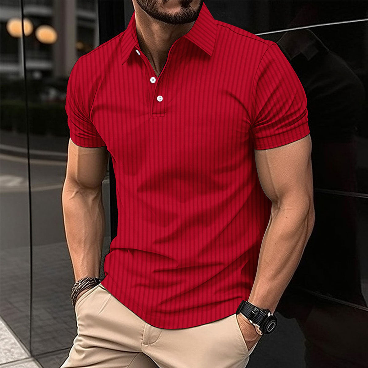 Elastic Vertical Short-sleeved Polo Shirt