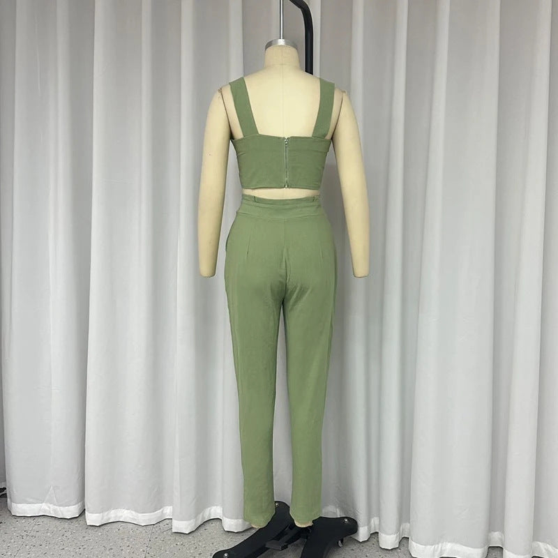 Solid Color Short Crop-top Spaghetti-strap Top High Waist Trousers Two-piece Set