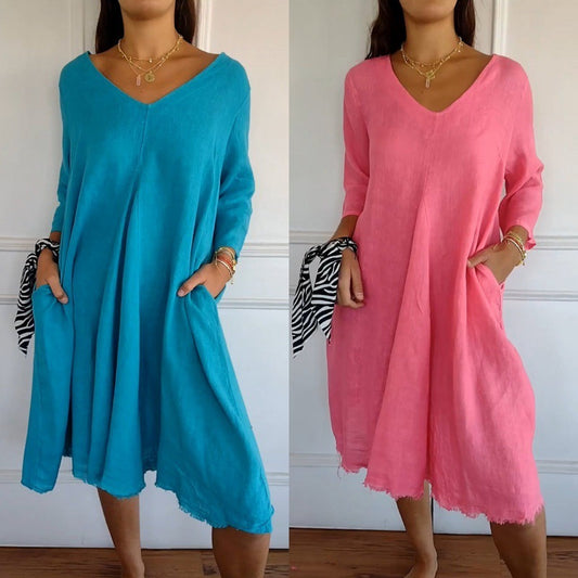 European And American Spring And Summer Loose-fitting Plus Size V-neck Mid-length Dress