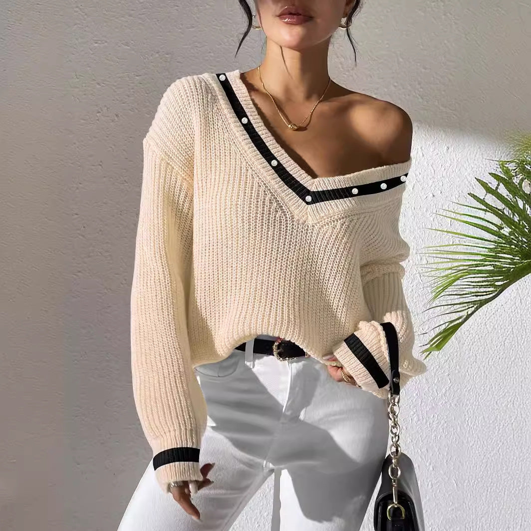 Women's Top Color Contrast Patchwork V-neck Long Sleeve Sweater