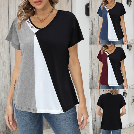 Women's Printing Color Contrast Loose Short-sleeved T-shirt Button Top