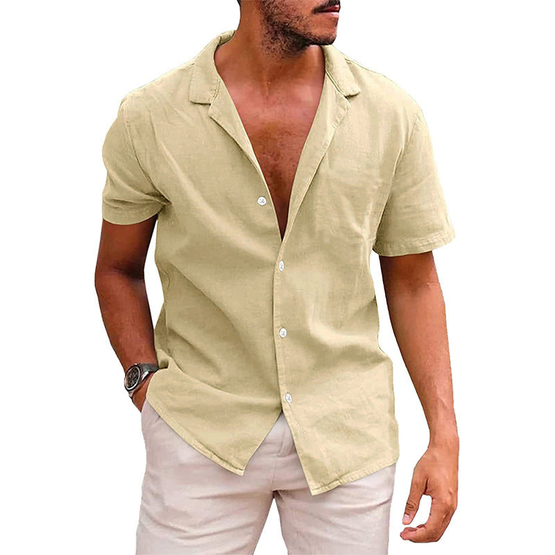 Summer Lapels Solid Color Short Sleeve Men's Cotton And Linen Shirt