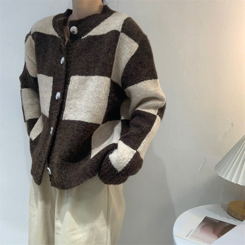 Women's Loose Check Color Check Sweater Coat