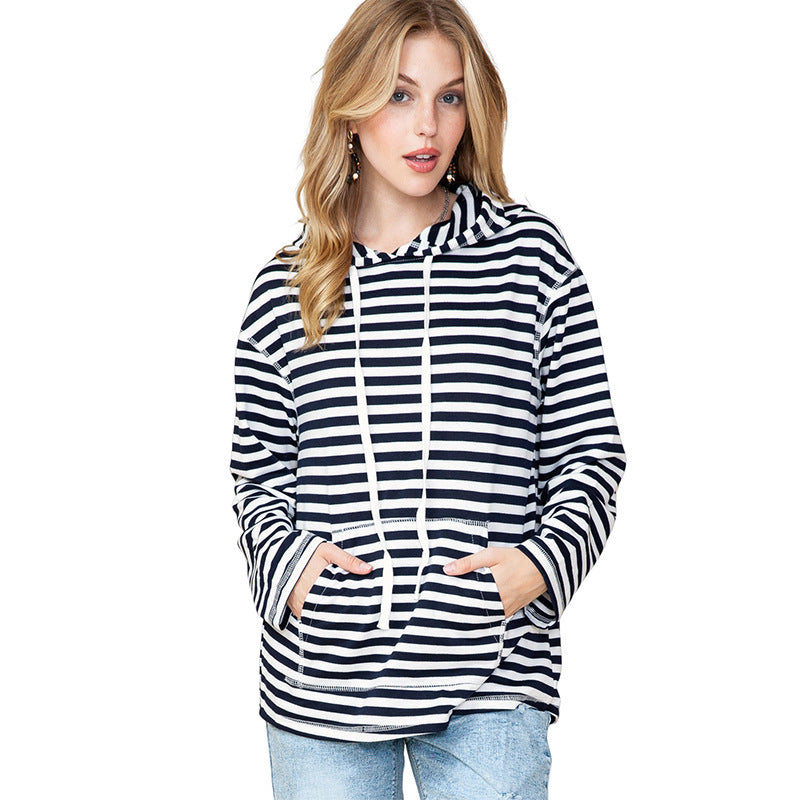 Shiying Striped Hooded Sweater Women's Autumn Fashion Loose-fitting Long Sleeves Top