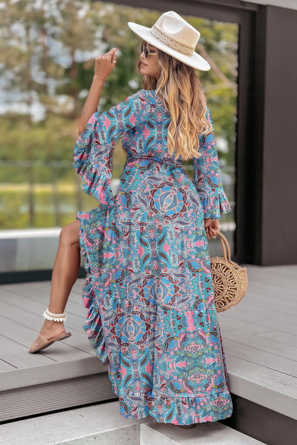 Paisley Printed Ruffle Trim Elegant Maxi Dress