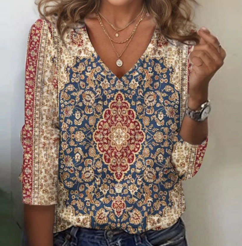 Fashionable Printed Long-sleeved T-shirt V-neck Loose Top